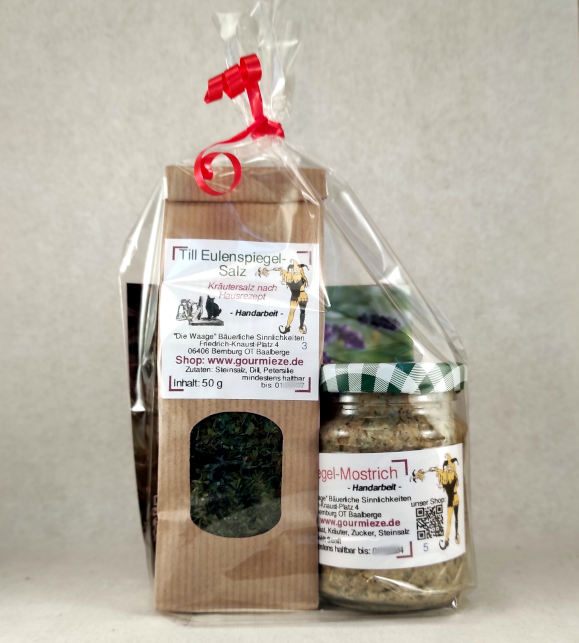 Till Eulenspiegel-Set Senfglas und Salztüte in Folienbeutel